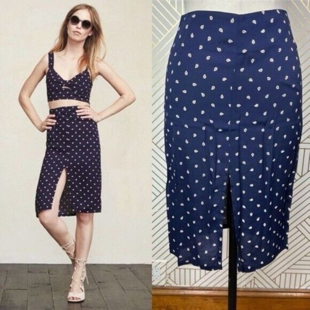 Reformation Clinton Blue Skirt with White Paisley Design and Slit